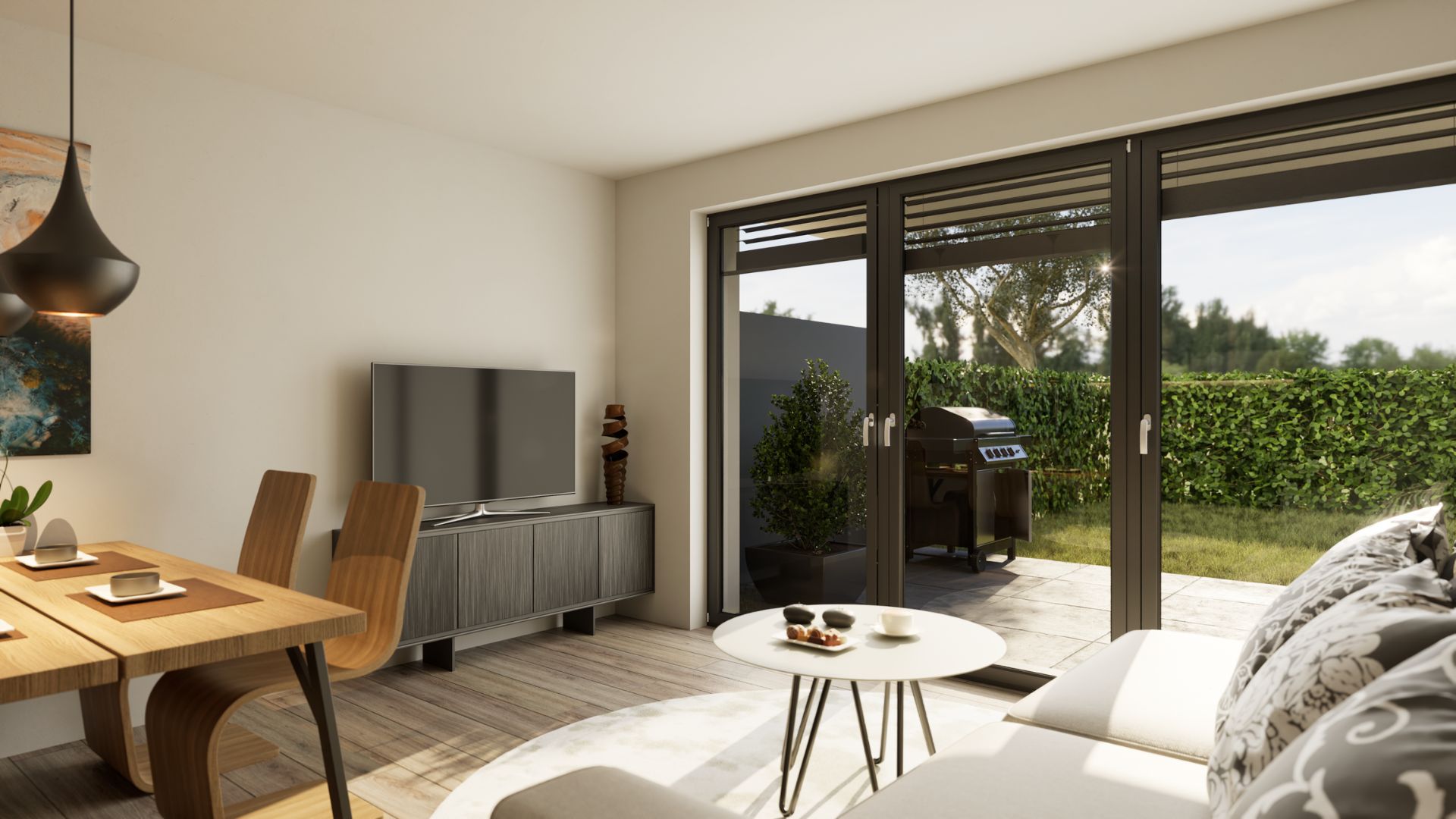 Wohnzimmer mit Gartenblick